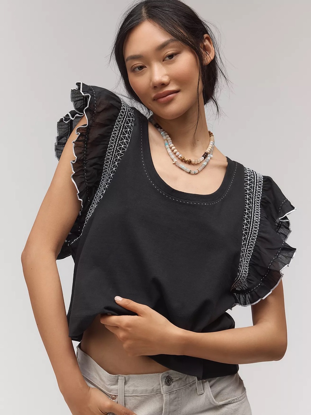 By Anthropologie Women's Black Smocked Flutter Sleeve Boho Tee Size Small